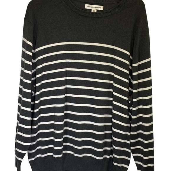 NEW AMAZON ESSENTIALS Big men's size 2XL crewneck sweater Gray white stripe - Picture 2 of 4